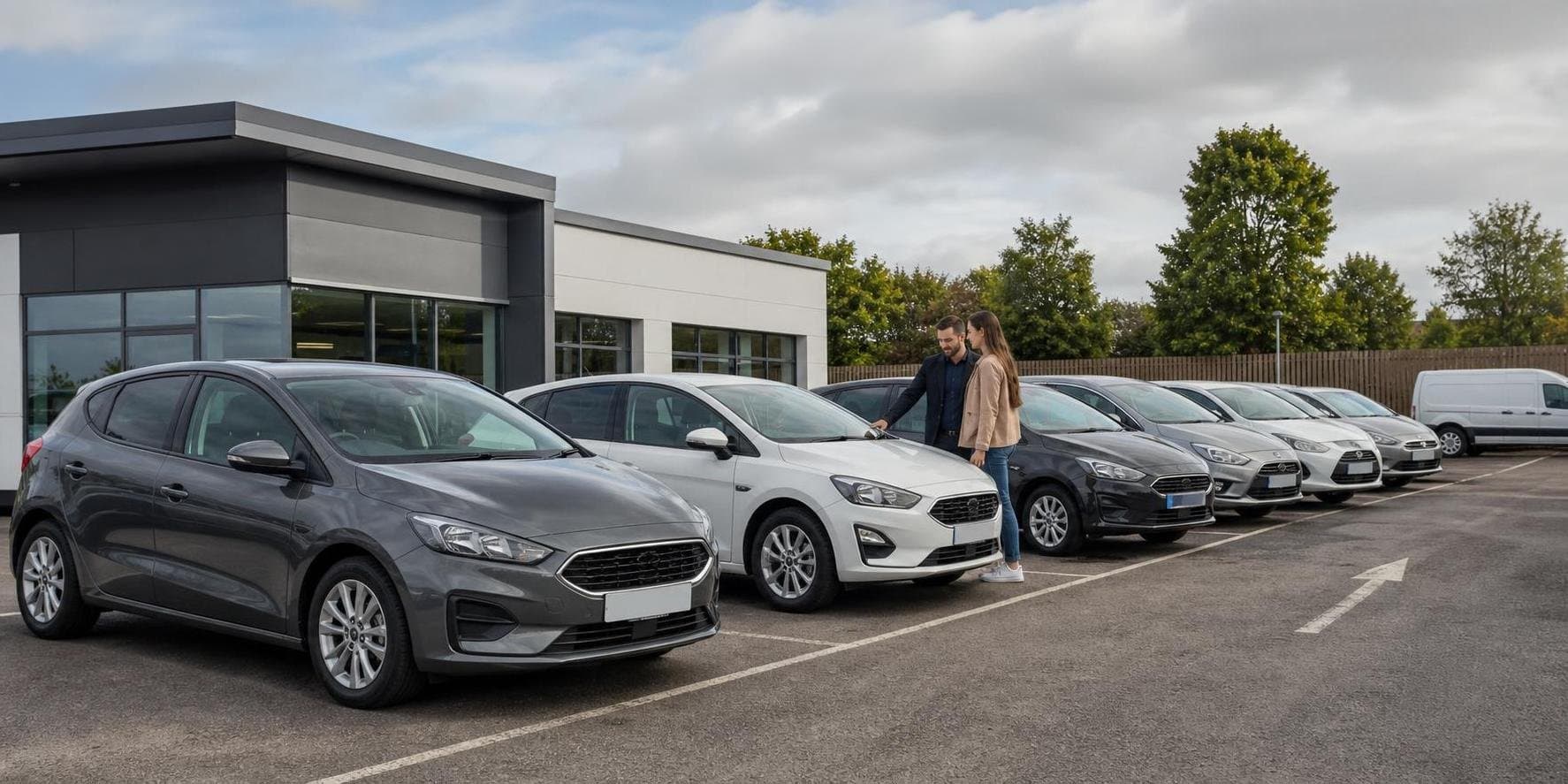 Modern compact hire cars lined up at a Harrogate vehicle hire forecourt