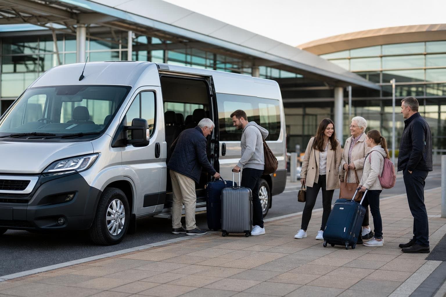 Minibus hire pickup with passengers loading luggage for a group journey