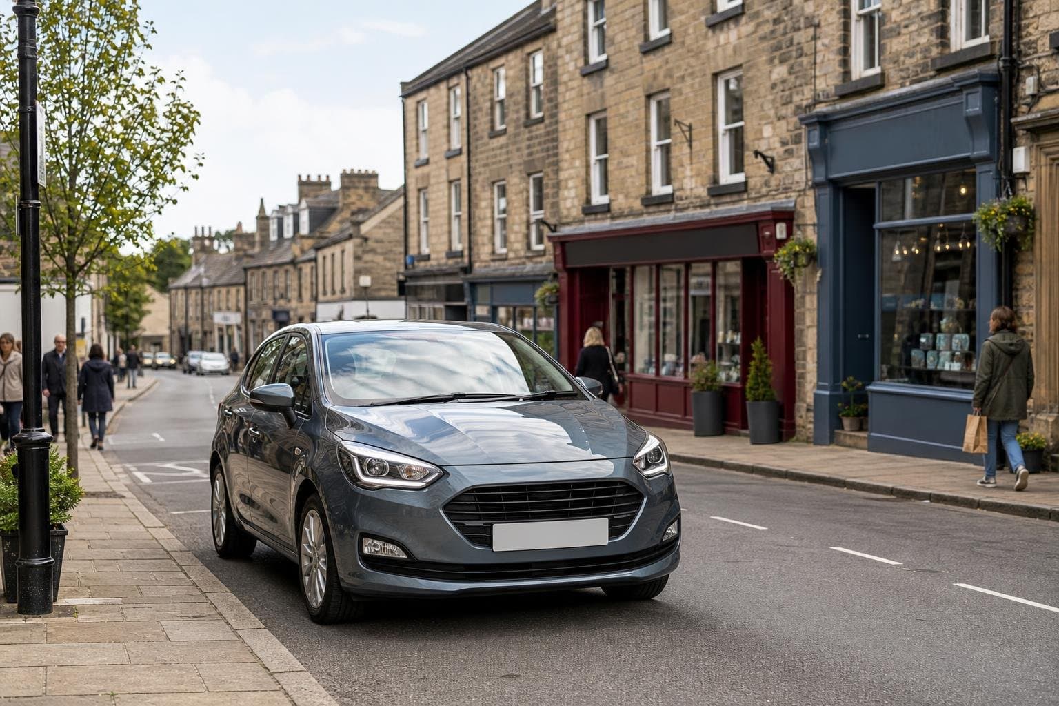 Compact hire car parked in a Yorkshire town setting near Skipton
