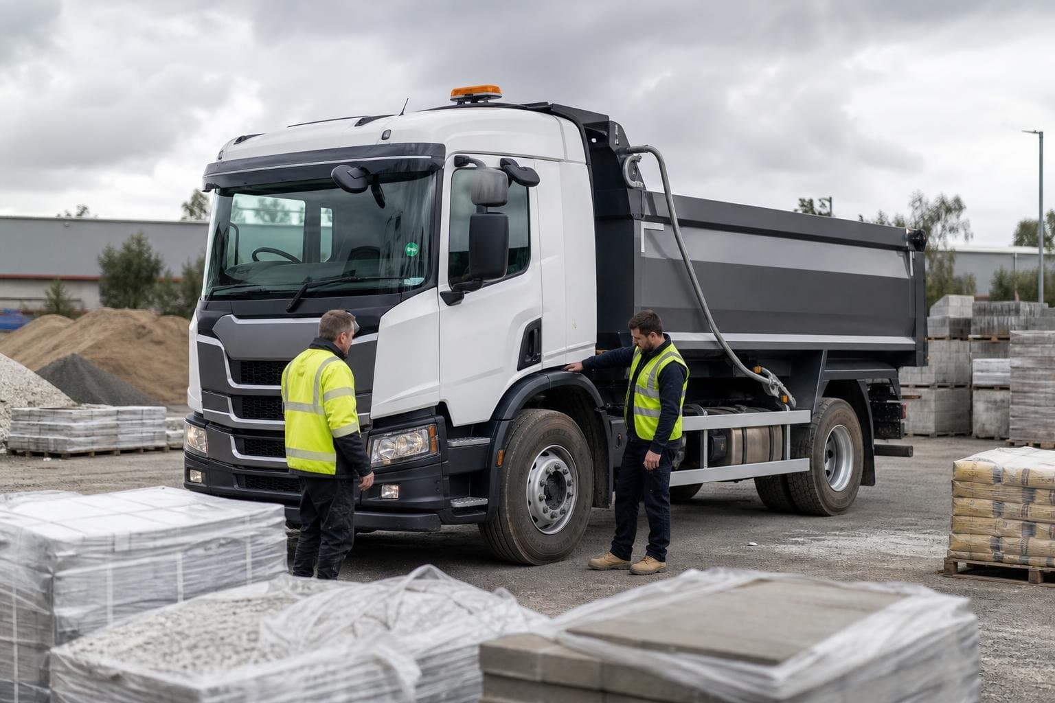 Commercial hire truck prepared for delivery work in an industrial yard