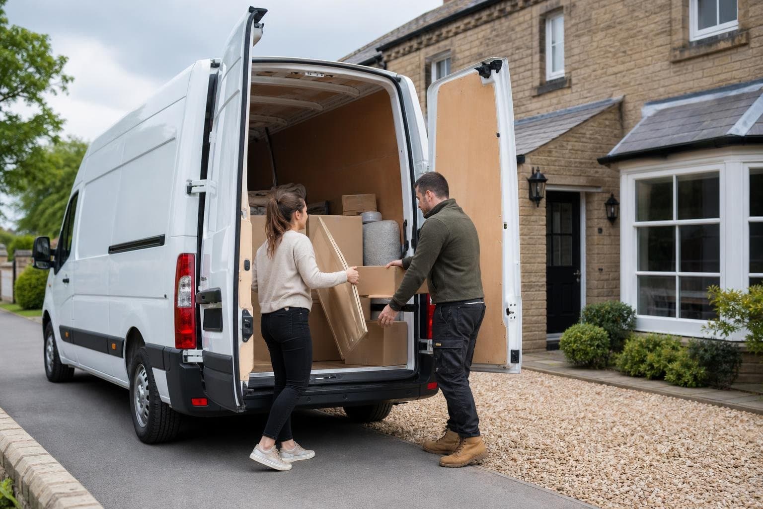 Rental van being loaded with boxes outside a house for a local move